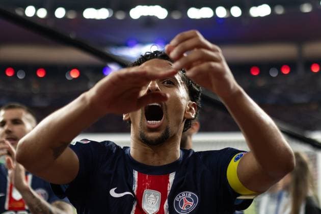 French Cup final football match Alexis Sciard IP3; Saint Denis, France, May 24, 2025 - Paris Saint Germain s Brazilian defender 05 Marquinhos celebrates their victory after winning the French Cup final football match against Stade de Reims at the Stade de France.  Copyright: xIP3xPRESS MAXPPPxAlexisxSciardx IP3ASCI25052445 IP3ASCI25052445
