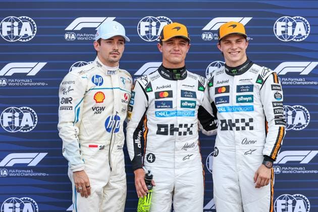 MONTE-CARLO, MONACO - MAY 24: Pole position qualifier Lando Norris of Great Britain and McLaren F1 Team, Second placed qualifier Charles Leclerc of Monaco and Scuderia Ferrari and Third placed qualifier Oscar Piastri of Australia and McLaren F1 Team pose after Qualifying ahead of the F1 Grand Prix of Monaco at Circuit de Monaco on May 24, 2025 in Monte-Carlo, Monaco.(Photo by Qian Jun Paddocker) SPO  Copyright: xQIANxJUNxMotorsportxMedia Paddockerx