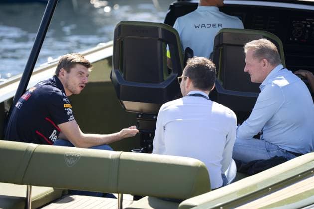MONACO - Max Verstappen (Red Bull Racing) and Jos Verstappen arrive by boat at the Circuit de Monaco prior to the Monaco Grand Prix. ANP SANDER KING xVIxANPxSportx xxANPxIVx 528620270 originalFilename: 528620270.jpg