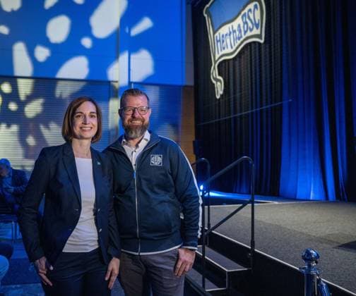 Soccer, Men, Season 2024 25, Hertha BSC, Annual General Meeting in Hall 22b of Messe Berlin, from l Vice President Anne Noske Hertha BSC , President Fabian Drescher Hertha , 25 05 2025, Copyright: xMatthiasxKochx