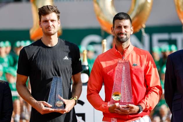 Hubert Hurkacz POL and Novak Djokovic SRB at the award ceremony , Switzerland, Tennis, Gonet Geneva Open ATP 250 , Final Doubles,2025, Ariel Behar URU Joran Vliegen BEL vs Sadio Doumbia FRA Fabien Reboul FRA , 24 05 2025, Parc des Eaux Vives, Geneva, Switzerland Geneva Parc des Eaux Vives Geneva Switzerland Copyright: xGrantxHubbsx