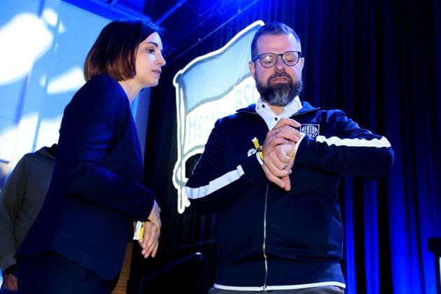 DEU, DFL, 2 FBL, Hertha BSC, General Meeting, 25 05 2025, Messe Berlin, Berlin, DEU, DFL, 2 FBL, Hertha BSC, General Meeting, in the picture President Fabian Drescher Hertha BSC Berlin , Anne Noske Hertha BSC,Vice President DFL regulations prohibit any use of Photographs as image sequences and or quasi video nordphotoxGmbHx xEngler nph00076