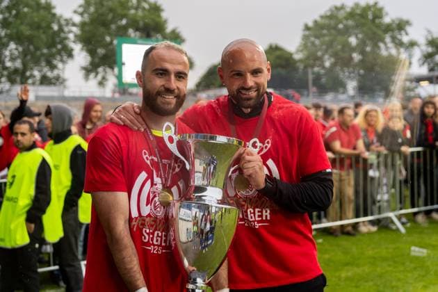 Joy, celebration, jubilation, emotion, f l Fatih Kaya SV Wehen Wiesbaden, 29 , Giuliano Modica SV Wehen Wiesbaden, Co Trainer analysis with the cup after the cup victory, GER, KSV Hessen Kassel vs SV Wehen Wiesbaden, Krombacher Hessenpokal, Final, Season 2024 2025, 24 05 2025, DFB DFL REGULATIONS PROHIBIT ANY USE OF PHOTOGRAPHS AS IMAGE SEQUENCES AND OR QUASI VIDEO, GER, KSV Hessen Kassel vs SV Wehen Wiesbaden, Krombacher Hessenpokal, Final, Season 2024 2025, 24 05 2025, Frankfurt am Main Copyright: xEibner-Pressefoto Jan-NiclasxGrox EP_JGG
