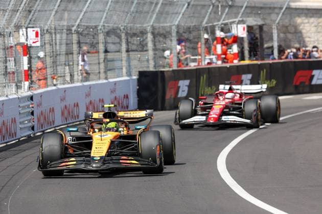 Lando Norris McLaren Formula 1 Team followed by Charles Leclerc Scuderia Ferrari HP , Race, Monaco Grand Prix, Motorsport, Men, Formula 1, 25 05 2025 Monte Carlo Monaco MCO Copyright: xkolbert-press ChristianxKolbertx