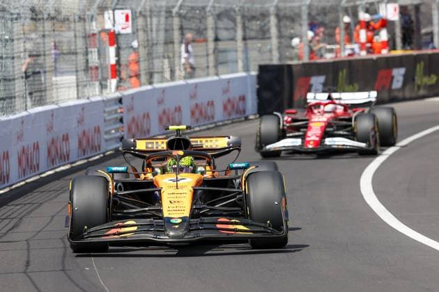 Lando Norris McLaren Formula 1 Team followed by Charles Leclerc Scuderia Ferrari HP , Race, Monaco Grand Prix, Motorsport, Men, Formula 1, 25 05 2025 Monte Carlo Monaco MCO Copyright: xkolbert-press ChristianxKolbertx