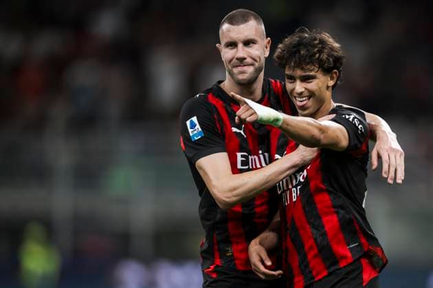 AC Milan v AC Monza - Serie A Joao Felix of AC Milan celebrates with Strahinja Pavlovic of AC Milan after scoring a goal from a free kick during the Serie A football match between AC Milan and AC Monza. Milan Italy Copyright: xNicoloxCampox