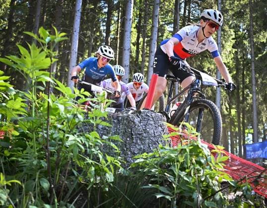 From left Mona Mitterwallner of Austria and Jitka Cabelicka of Czech Republic compete during women elite race during Mountain bike cross country World Cup event, Nove Mesto na Morave, Czech Republic, May 25, 2025. (CTKxPhoto LubosxPavlicek) CTKPhotoP2025052503529  CTKPhotoP2025052503529
