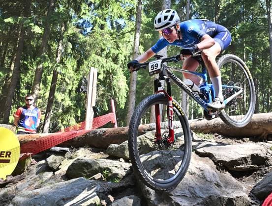 Mona Mitterwallner of Austria competes during women elite race during Mountain bike cross country World Cup event, Nove Mesto na Morave, Czech Republic, May 25, 2025. (CTKxPhoto LubosxPavlicek) CTKPhotoP2025052503636  CTKPhotoP2025052503636
