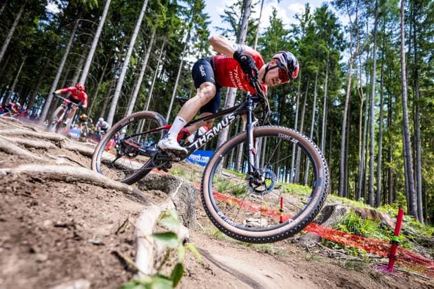Vital Albin of Switzerland competes during the Mountain bike cross country Men Elite World Cup event, Nove Mesto na Morave, Czech Republic, May 24, 2025. (CTKxPhoto JaroslavxSvoboda) CTKPhotoP2025052504045  CTKPhotoP2025052504045