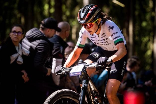 Candice Lill of South Africa competes during women elite race during Mountain bike cross country World Cup event, Nove Mesto na Morave, Czech Republic, May 25, 2025. (CTKxPhoto JaroslavxSvoboda) CTKPhotoP2025052504192  CTKPhotoP2025052504192