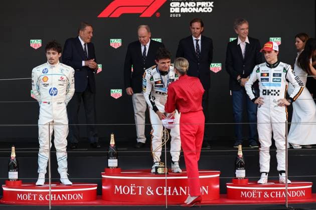 Charlene Lynette Grimaldi, Princess of Monaco presents the medal to Winner, Winner, Lando Norris McLaren Formula 1 Team , Race, Monaco Grand Prix, Motorsport, Men, Formula 1, 25 05 2025 Monte Carlo Monaco MCO Copyright: xkolbert-press ChristianxKolbertx