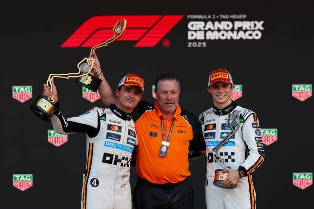 l r Winner, Winner, Lando Norris McLaren Formula 1 Team , Motorsport Manager and currently CEO of McLaren Racing Zak Brown, 3rd place Oscar Piastri McLaren Formula 1 Team , Race, Monaco Grand Prix, Motorsport, Men, Formula 1, 25 05 2025 Monte Carlo Monaco MCO Copyright: xkolbert-press ChristianxKolbertx