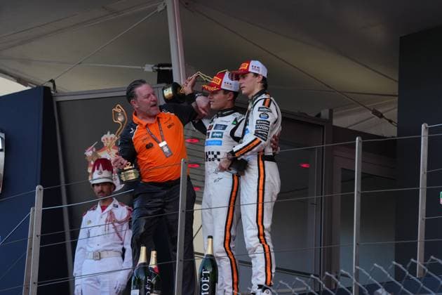 Formula 1 Grand Prix Monaco 2025 25 05 2025, Circuit de Monaco, Monte Carlo, Formula 1 Grand Prix Monaco 2025 ,in the picture podium winner Lando Norris GBR , McLaren F1 Team, 3rd place for Oscar Piastri AUS , Managing Director Zak Brown McLaren Formula 1 Team nordphotoxGmbHx xBratic nph00250
