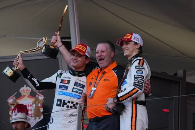 Formula 1 Grand Prix Monaco 2025 25 05 2025, Circuit de Monaco, Monte Carlo, Formula 1 Grand Prix Monaco 2025 ,in the picture podium winner Lando Norris GBR , McLaren F1 Team, 3rd place for Oscar Piastri AUS , Managing Director Zak Brown McLaren Formula 1 Team nordphotoxGmbHx xBratic nph00250