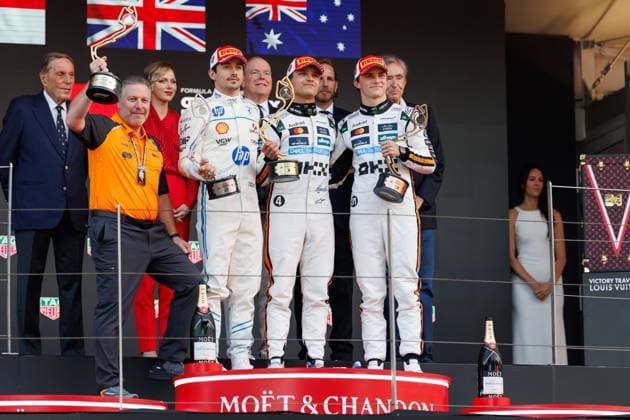 Podium with Zak Brown, Charles Leclerc Scuderia Ferrari HP, 16 , Lando Norris McLaren Formula 1 Team, 04 , Oscar Piastri McLaren Formula 1 Team, 81 , Monaco Grand Prix, Motorsport, Formula 1, 2025 season, 25 05 2025 Monaco Grand Prix, Motorsport, Formula 1, 2025 season, 25 05 2025 Copyright: xEibner-Pressefoto AlexanderxNeisx EP_ANS