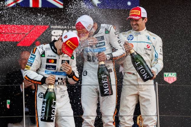 Podium with Charles Leclerc Scuderia Ferrari HP, 16 , Lando Norris McLaren Formula 1 Team, 04 , Oscar Piastri McLaren Formula 1 Team, 81 and champagne shower, Monaco Grand Prix, Motorsport, Formula 1, 2025 season, 25 05 2025 Monaco Grand Prix, Motorsport, Formula 1, 2025 season, 25 05 2025 Copyright: xEibner-Pressefoto AlexanderxNeisx EP_ANS