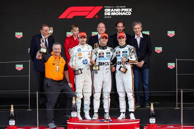 F1 - MONACO GRAND PRIX 2025 PIASTRI Oscar (aus), McLaren F1 Team MCL39, portrait NORRIS Lando (gbr), McLaren F1 Team MCL39, portrait BROWN Zak (usa), CEO of of McLaren Racing, portrait Albert II, Prince of Monaco, Charlene, Princess of Monaco podium during the Formula 1 Tag Heuer Grand Prix de Monaco, 8th round of the 2025 FIA Formula One World Championship, WM, Weltmeisterschaft from May 23 to 25, 2025 on the Circuit de Monaco, in Monte-Carlo, Monaco - Monte-CarloMonaco Copyright: xXavixBonillax