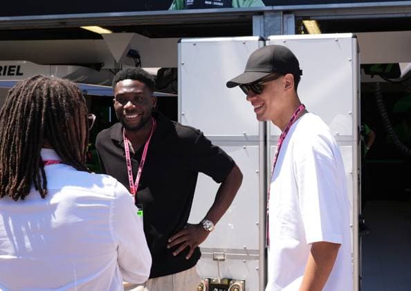 Formula 1 Grand Prix Monaco 2025 25 05 2025, Circuit de Monaco, Monte Carlo, Formula 1 Grand Prix Monaco 2025 ,in the picture footballer Jamal Musiala Bayern Munich , footballer Alphonso Davies Bayern Munich , footballer Edgar Davids nordphotoxGmbHx xBratic nph00250