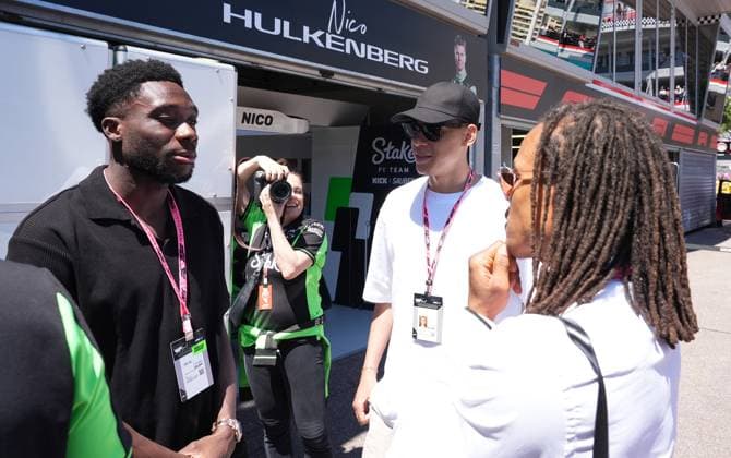 Formula 1 Grand Prix Monaco 2025 25 05 2025, Circuit de Monaco, Monte Carlo, Formula 1 Grand Prix Monaco 2025 ,in the picture footballer Jamal Musiala Bayern Munich , footballer Alphonso Davies Bayern Munich , footballer Edgar Davids nordphotoxGmbHx xBratic nph00250