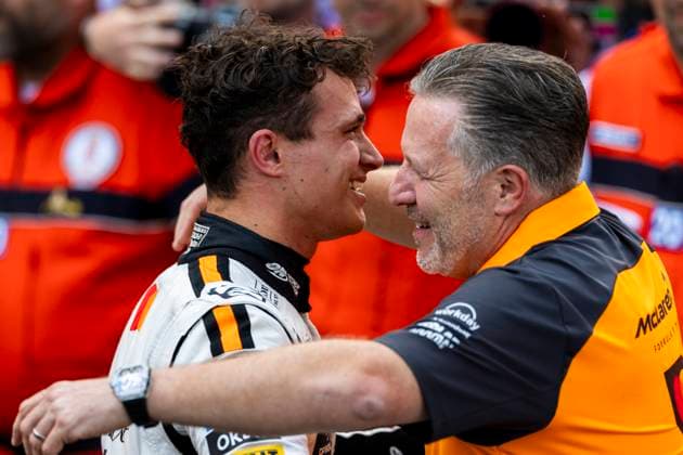 4 Lando Norris GBR, McLaren F1 Team , 4 Lando Norris GBR, McLaren F1 Team celebrates with Zak Brown USA, McLaren F1 Team , F1 Grand Prix of Monaco at Circuit de Monaco on May 25, 2025 in Monte Carlo, Monaco Photo by HOCH ZWEI Monte Carlo Monaco
