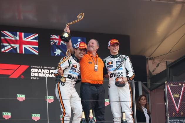 Formula 1 Grand Prix Monaco 2025 25 05 2025, Circuit de Monaco, Monte Carlo, Formula 1 Grand Prix Monaco 2025 ,in the picture podium winner Lando Norris GBR , McLaren F1 Team, 3rd place for Oscar Piastri AUS , Managing Director Zak Brown McLaren Formula 1 Team nordphotoxGmbHx xBratic nph00250
