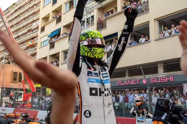 Formula1 GP Monaco Sunday, 25 05 2025 Lando Norris 4, McLaren Formula 1 Team celebrating victory Formula1 GP Monaco Sunday, 25 05 2025 Copyright: xBEAUTIFULxSPORTS Erlhofx
