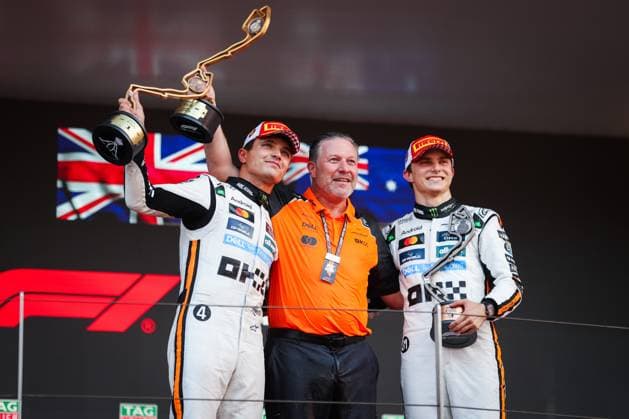 F1 - MONACO GRAND PRIX 2025 podium BROWN Zak (usa), CEO of of McLaren Racing, NORRIS Lando (gbr), McLaren F1 Team MCL39, PIASTRI Oscar (aus), McLaren F1 Team MCL39, portrait during the Formula 1 Tag Heuer Grand Prix de Monaco, 8th round of the 2025 FIA Formula One World Championship, WM, Weltmeisterschaft from May 23 to 25, 2025 on the Circuit de Monaco, in Monte-Carlo, Monaco - Monte-CarloMonaco Copyright: xANTONINxVINCENTx