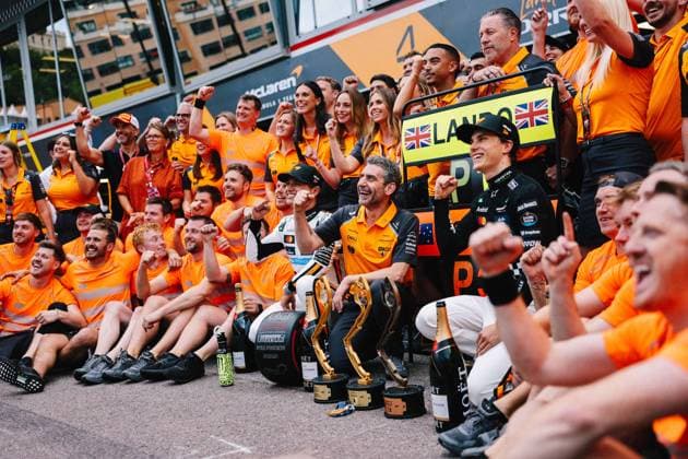 F1 - MONACO GRAND PRIX 2025 celebration NORRIS Lando (gbr), McLaren F1 Team MCL39, STELLA Andrea (ita), Team Principal of McLaren F1 Team, PIASTRI Oscar (aus), McLaren F1 Team MCL39, portrait during the Formula 1 Tag Heuer Grand Prix de Monaco, 8th round of the 2025 FIA Formula One World Championship, WM, Weltmeisterschaft from May 23 to 25, 2025 on the Circuit de Monaco, in Monte-Carlo, Monaco - Monte-CarloMonaco  Copyright: xANTONINxVINCENTx