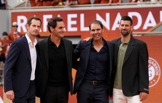 TENNIS - French Open 2025 PARIS,FRANCE,25.MAY.25 - TENNIS - ATP, Tennis Herren World Tour, French Open, Roland Garros, Grand Slam. Image shows Andy Murray (GBR), Roger Federer (SUI),Rafael Nadal (ESP) and Novak Djokovic (SRB).  GEPAxpictures xMichaelxRiedler