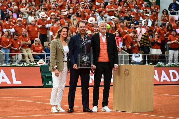 TENNIS : Hommage a Rafael Nadal - Roland Garros 2025 - 25 05 2025 Amelie Mauresmo ( director Roland Garros ) and Gilles Moretton ( president fft ) during the tribute to Rafael Nadal ( Spain ) during the 2025 French Open at Roland Garros on May 25, 2025 in Paris, France. ( Photo Dante Badano PSNewz ) - ParisFrance  Copyright: xx