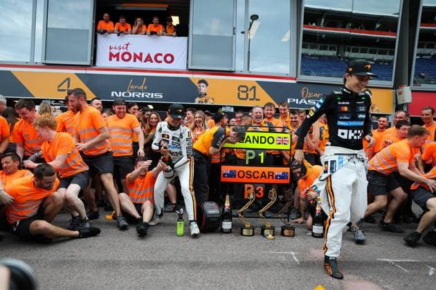 Andrea Stella Team Principal, McLaren Formula One Team , Zak Brown CEO, Mclaren Racing , Oscar Piastri McLaren Formula 1 Team, 81 , Lando Norris McLaren Formula 1 Team, 04 , Post Race Celebrations, Celebration, Race Day, MCO, Formula 1 World Championship, Tagheuer Monaco Grand Prix, 25 05 2025 ITA, Formula 1 World Championship, Monaco Grand Prix, 25 05 2024 Monaco Copyright: xEibner-Pressefoto AnnikaxGrafx EP_AGF
