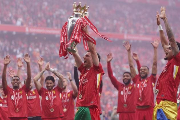 Diogo Jota of Liverpool with the Premier League trophy as Liverpool are crowned champions for the 2024-2025 season Liverpool v Crystal Palace, Premier League, Football, Anfield, Liverpool, UK - 25 May 2025 EDITORIAL USE ONLY No use with unauthorised audio, video, data, fixture lists, club league logos or live services. Online in-match use limited to 120 images, no video emulation. No use in betting, games or single club league player publications. Copyright: xPaulxGreenwood Shutterstockx 15316427bj
