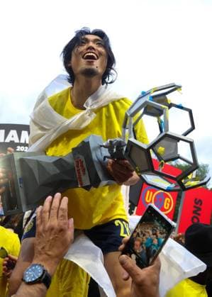 Union s Koki Machida pictured during the celebration of Royale Union Saint-Gilloise supporters and players, Sunday 25 May 2025 in Brussels, after winning the 2024-2025 Jupiler Pro League first division of the Belgian championship. Union defeated KAA Gent 3-1. VIRGINIExLEFOUR  x125301218x