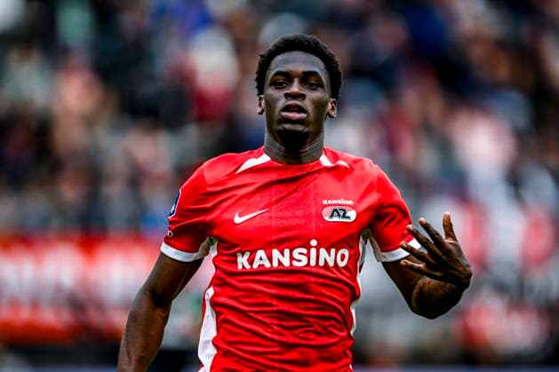 AZ Alkmaar forwarder Ernest Poku, during the match AZ Twente play off final at the AFAS stadium for the Dutch Eredivisie play off final season 2024 2025 in ALKMAAR, Netherlands on 25 may 2025, photo by Stefan Koops EYE4images DeFodi Images