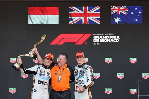25th May 2025; Circuit de Monaco, Monte Carlo, Monaco; Formula 1 Tag Heuer Grand Prix of Monaco 2025; Race Day; McLaren CEO Zak Brown, First-placed McLaren s British driver Lando Norris, third-placed McLaren s Australian driver Oscar Piastri  ActionPlus12794322 PierrexTeyssot