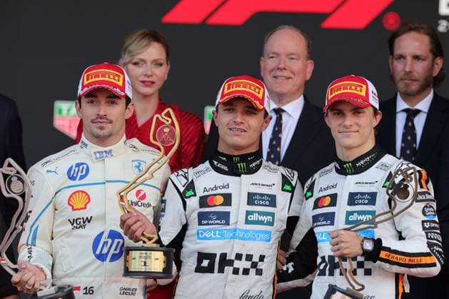 25th May 2025; Circuit de Monaco, Monte Carlo, Monaco; Formula 1 Tag Heuer Grand Prix of Monaco 2025; Race Day; Charlene, Princess of Monaco, and Albert II, Prince of Monaco in the back of the podium with First-placed McLaren s British driver Lando Norris (C), second-placed Ferrari s Monegasque driver Charles Leclerc (L) and third-placed McLaren s Australian driver Oscar Piastri on the podium  ActionPlus12794359 PierrexTeyssot