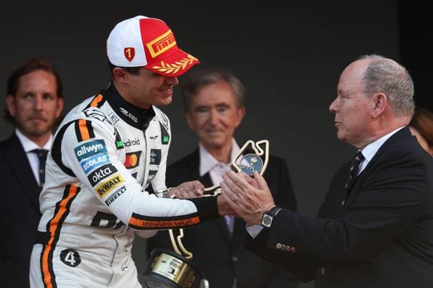4 Lando Norris GBR McLaren F1 Team GBR MCL39 Mercedes on the podium of the 2025 Formula One Monaco Grand Prix, 8th round of the 2025 Formula 1 World Championship, taking place from May 23 to 25, 2025 on circuit de Monaco in Monaco MCO Monaco Monaco Circuit Monaco Copyright: x x2025xEurasiaxSportxImagesx jp-en-EuSpIm-MPS_PPN_GPF1_Monaco_25May2025_MC044