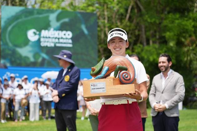 Golf: Mexico Riviera Maya Open Japan s Chisato Iwai poses for a photo after winning the Mexico Riviera Maya Open at the El Camaleon Golf Course in Playa del Carmen, Mexico, on May 25, 2025.  A14AA0004599173P