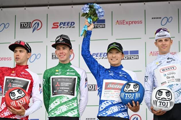 (L-R) Nicol Garibbo (JCL), Alessandro Fancellu (JCL), Atsushi Oka (BLZ), Maxence Place (WNR), MAY 25, 2025 - Cycling : Tour of Japan 2025 8th stage Award ceremony Speed Channel Tokyo in Tokyo, Japan. Noxthirdxpartyxsales  (291776584)