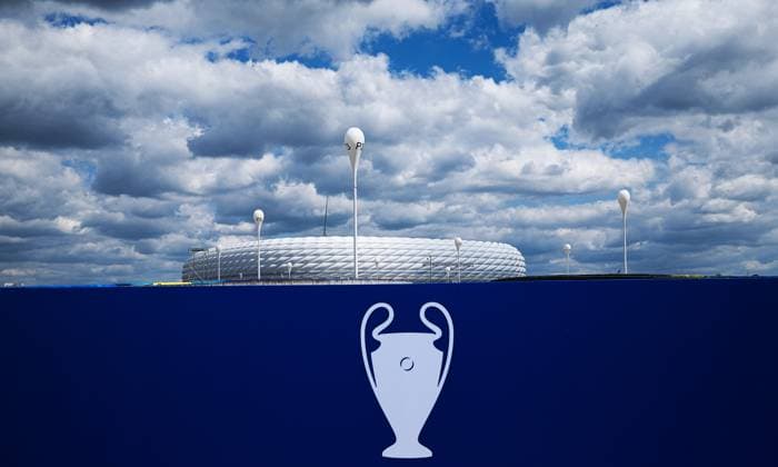 24 05 2025, Champions League Munich Arena, Munich, soccer, sports, in the picture Allianz Arena without Allianz logo prepared for the Champions League final
