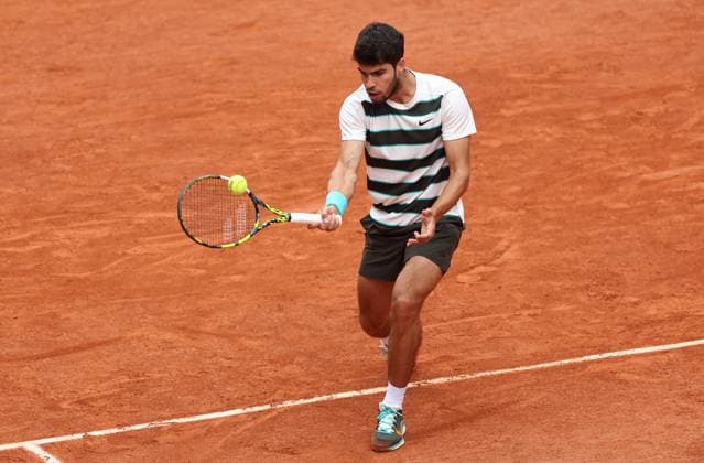 Carlos Alcaraz of Spain in action French Open Tennis, Day Two, Tennis, Roland Garros, Paris, France - 26 May 2025 EDITORIAL USE ONLY No use with unauthorised audio, video, data, fixture lists, club league logos or live services. Online in-match use limited to 120 images, no video emulation. No use in betting, games or single club league player publications. Copyright: xEllaxLing Shutterstockx 15318997l