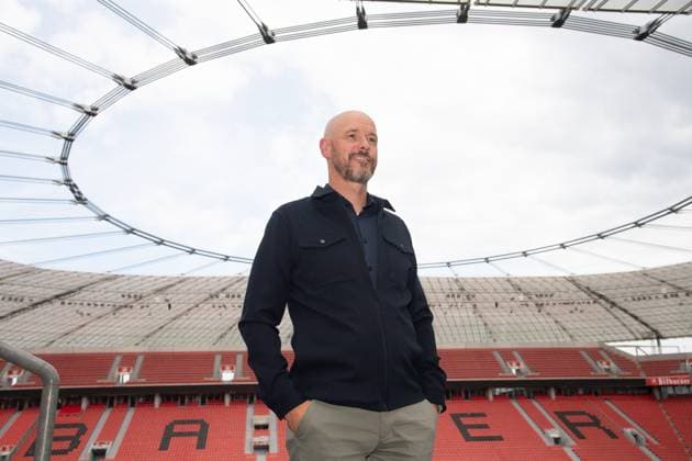 Erik TEN HAG, head coach, portrait, portrait, cropped single image, single motif, presentation of Erik TEN HAG as new coach of Bayer Leverkusen 26 05 2025 in the Bayarena Leverkusen, Â