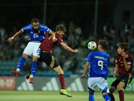 Belgium vs Italy during the UEFA European Under-17 Championship 2024 25 Group B, in Durres, Albania on May 26, 2025. Edoardo Zanaga of Italy and Stan Naert of Belgium jump for the ball during the UEFA European Under-17 Championship 2024 25 Group B football match Belgium vs Italy at the Niko Dovana stadium in Durres, Albania, on May 26, 2025. DURRES ALBANIA Copyright: xADNANxBECIx