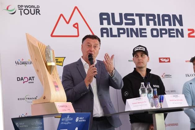 GOLF - Austrian Alpine Open HENNDORF,AUSTRIA,27.MAY.25 - GOLF - DP World Tour, Austrian Alpine Open, press conference, PK, Pressekonferenz Image shows Edwin Weindorfer (CEO Golf Enterprises) and Matthias Schwab (AUT).  GEPAxpictures xMathiasxMandl