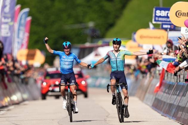 Scaroni Christian of Xds Astana Team winner of the stage with Fortunato Lorenzo of Xds Astana Team azure jersey during the stage 16 of the Giro d™Italia from Piazzola sul Brenta to San Valentino (Brentonico), Italy - Tuesday, May 27, 2025. - cycling.  Copyright: xMassimoxPaolone LaPressex