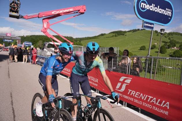 Scaroni Christian of Xds Astana Team winner of the stage with Fortunato Lorenzo of Xds Astana Team azure jersey during the stage 16 of the Giro d™Italia from Piazzola sul Brenta to San Valentino (Brentonico), Italy - Tuesday, May 27, 2025. - cycling.  Copyright: xMarcoxAlpozzi LaPressex