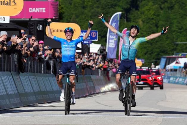 Scaroni Christian of Xds Astana Team winner of the stage with Fortunato Lorenzo of Xds Astana Team azure jersey during the stage 16 of the Giro d™Italia from Piazzola sul Brenta to San Valentino (Brentonico), Italy - Tuesday, May 27, 2025. - cycling.  Copyright: xGianxMattiaxD Alberto LaPressex