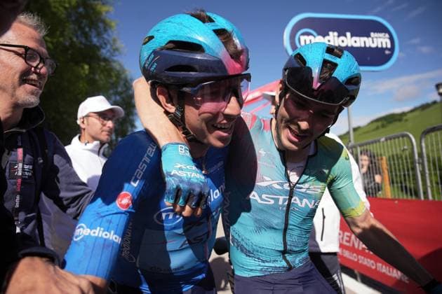 Scaroni Christian of Xds Astana Team winner of the stage with Fortunato Lorenzo of Xds Astana Team azure jersey during the stage 16 of the Giro d™Italia from Piazzola sul Brenta to San Valentino (Brentonico), Italy - Tuesday, May 27, 2025. - cycling.  Copyright: xMarcoxAlpozzi LaPressex
