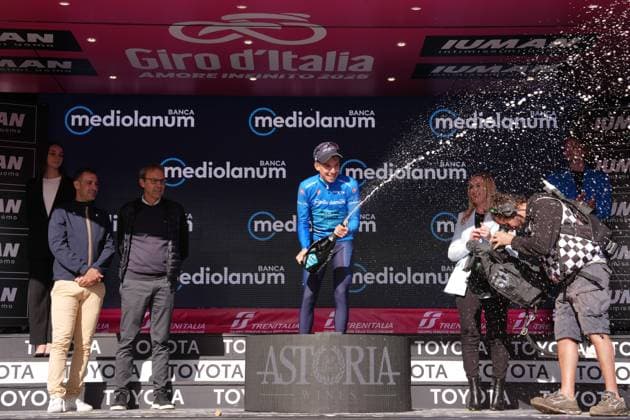 Fortunato Lorenzo of Xds Astana Team azure jersey on the podium during the stage 16 of the Giro d™Italia from Piazzola sul Brenta to San Valentino (Brentonico), Italy - Tuesday, May 27, 2025. - cycling.  Copyright: xMassimoxPaolone LaPressex