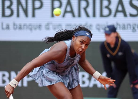 Coco Gauff of the US plays against Olivia Gadecki of Australia during their first-round match at the French Tennis Open in Roland Garros in Paris, France, on Monday, May 26, 2025. Gauff won 6-2, 6-2.  PAR20250527104 MAYAxVIDON-WHITE